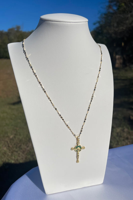 P66 - Green Stone Cross Necklace