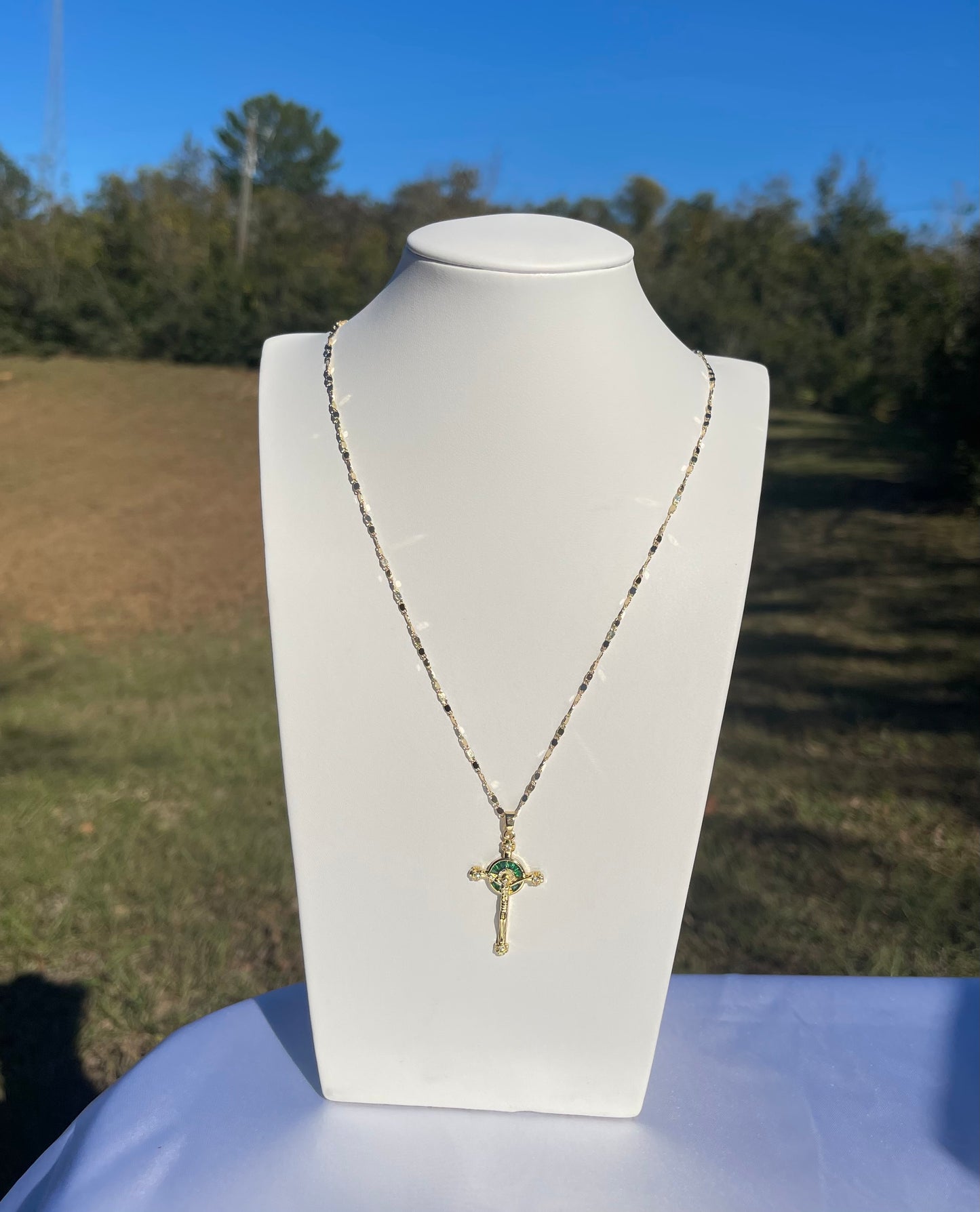 P66 - Green Stone Cross Necklace