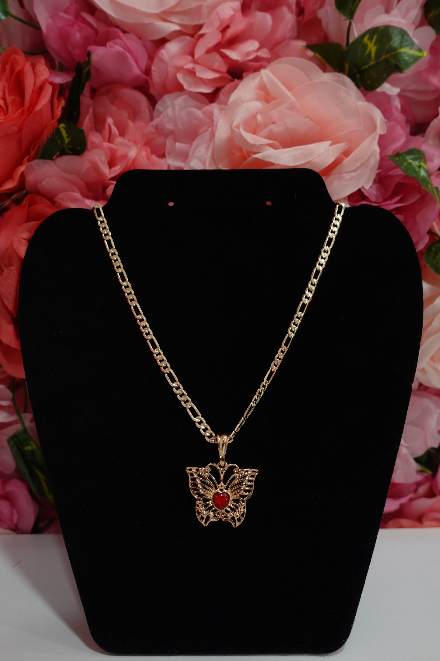 P44 - Red Rhinestone Bfly Necklace