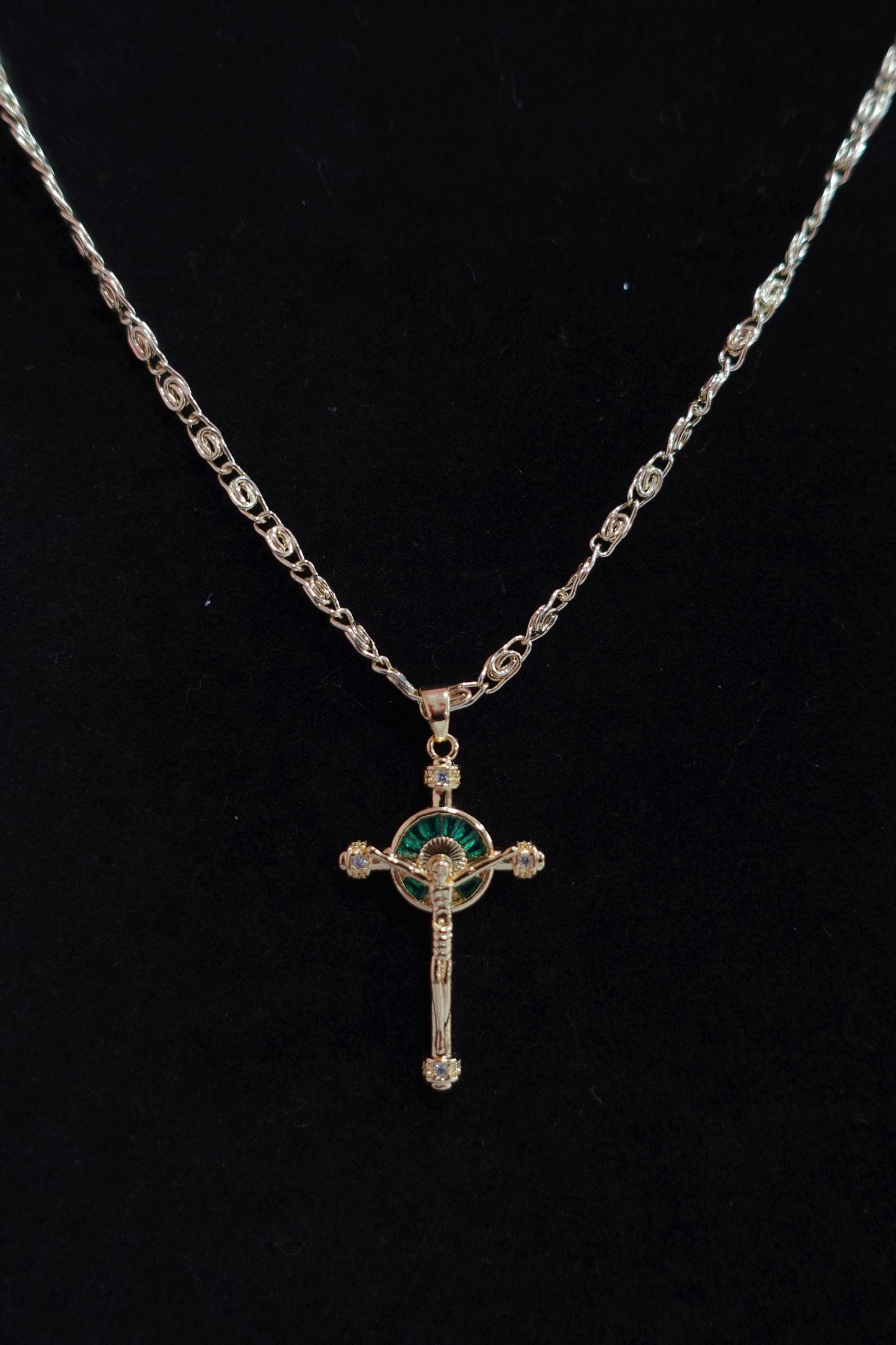 P66 - Green Stone Cross Necklace