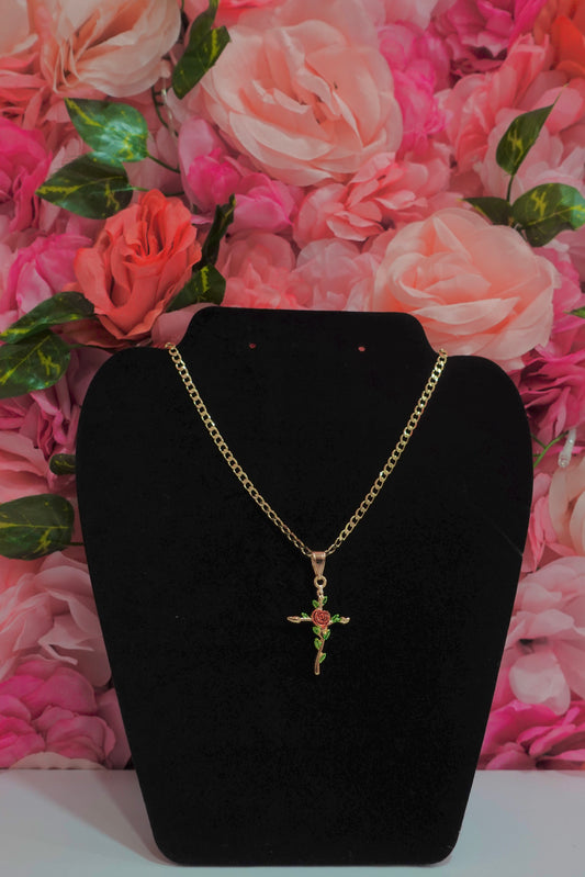 RED ROSE CROSS NECKLACE