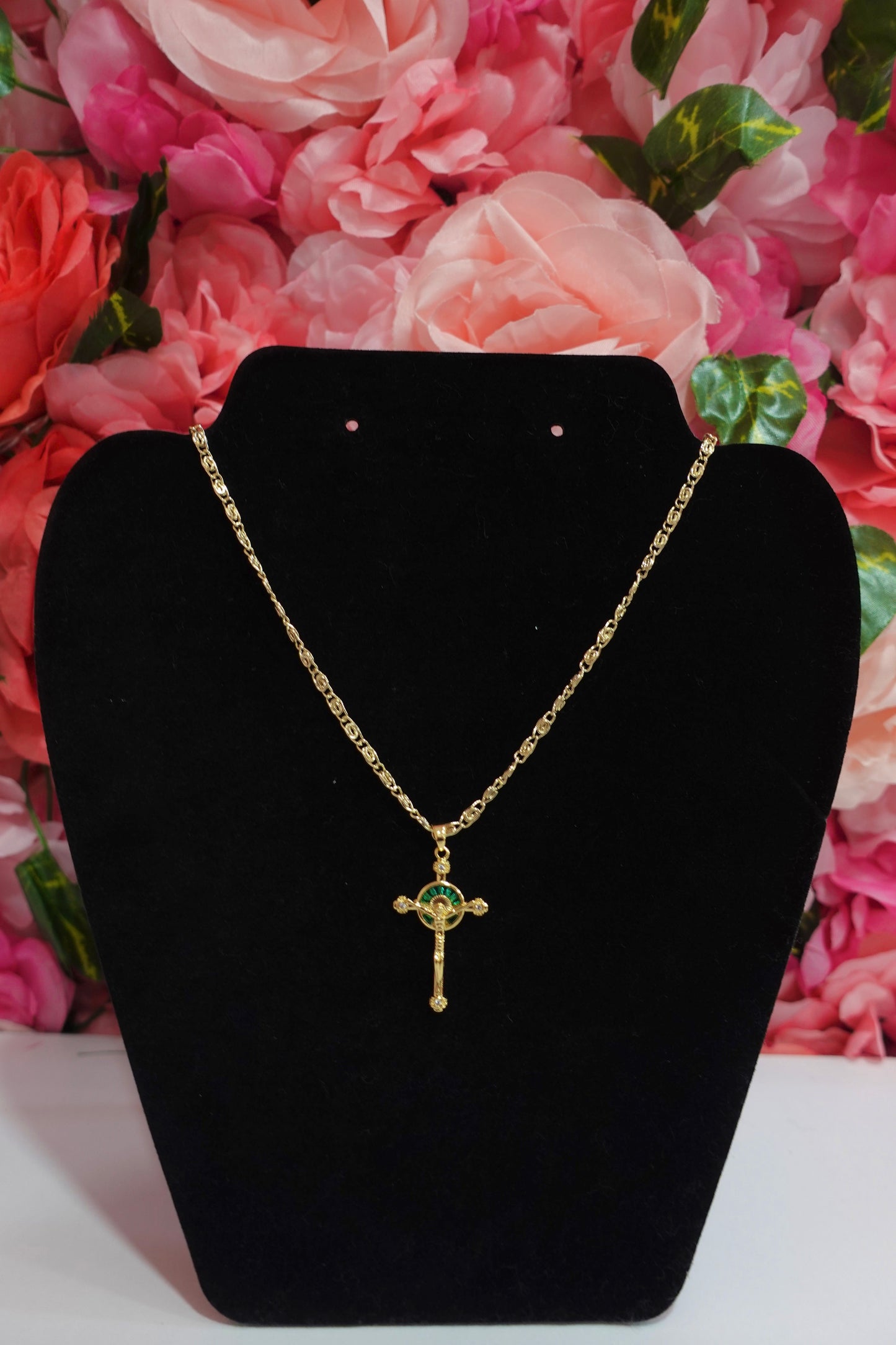 P66 - Green Stone Cross Necklace